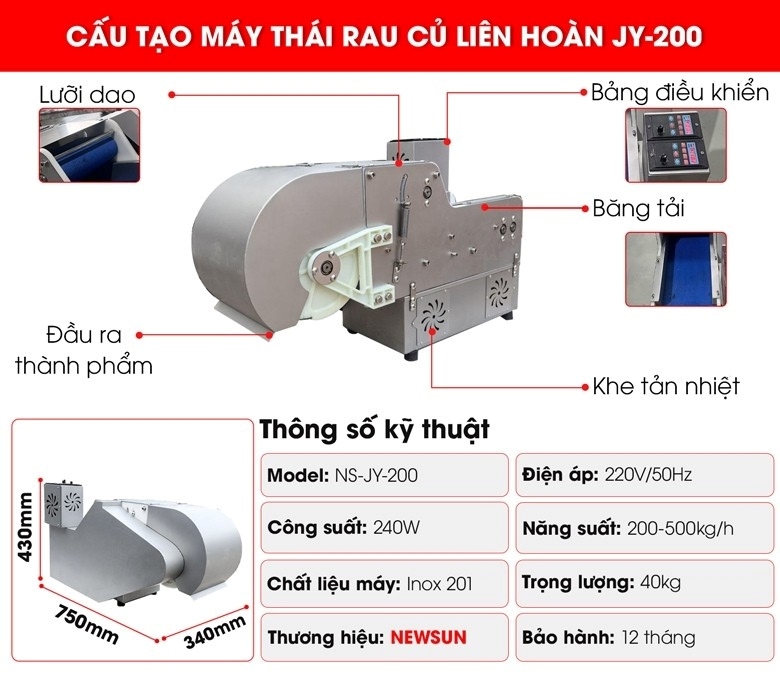 Máy cắt rau củ liên hoàn JY-200 Cấu tạo máy thái rau củ liên hoàn JY-200