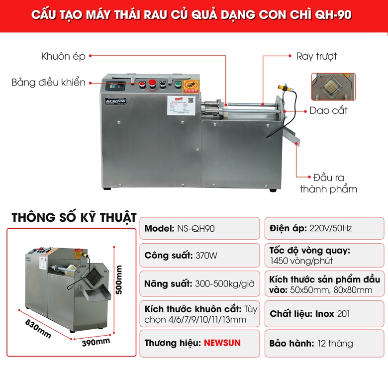 Cấu tạo máy thái rau củ quả dạng con chì QH-90