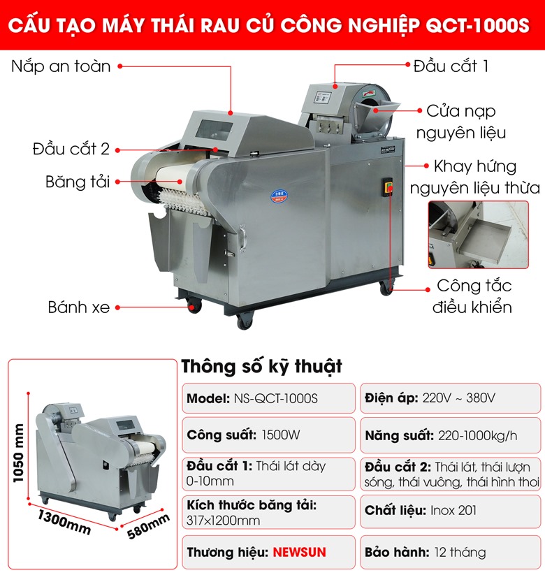 Cấu tạo của máy cắt rau củ quả công nghiệp QCT-1000S