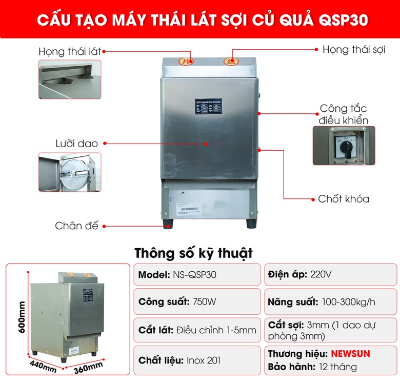 Máy cắt lát sợi củ quả QSP30 Cấu tạo của máy cắt lát sợi củ quả QSP30